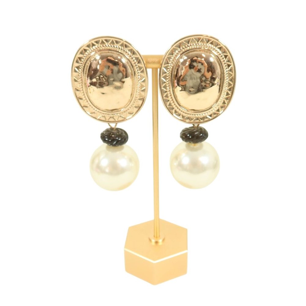 Vintage Extra Large Gold Tone Oval & Pearl Clip On Statement Earrings Unsigned